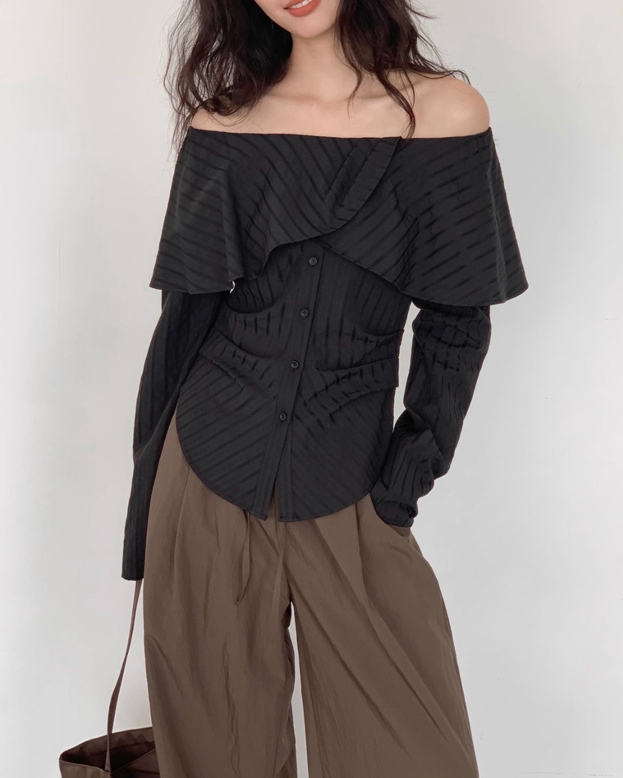 ストライプオフショルダーロングスリーブシャツ A0021 - 1