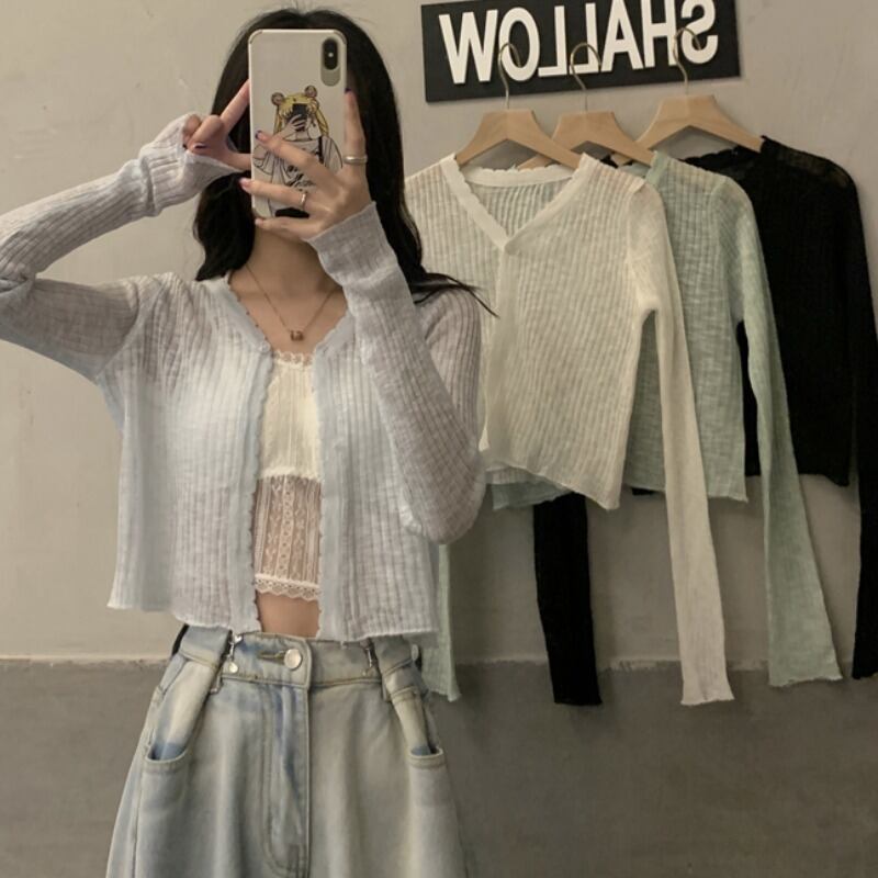 ニットセーター レディースサマーVネックショートカーディガンホワイトスリムトップス ロング 夏物 1号婦人30484917578