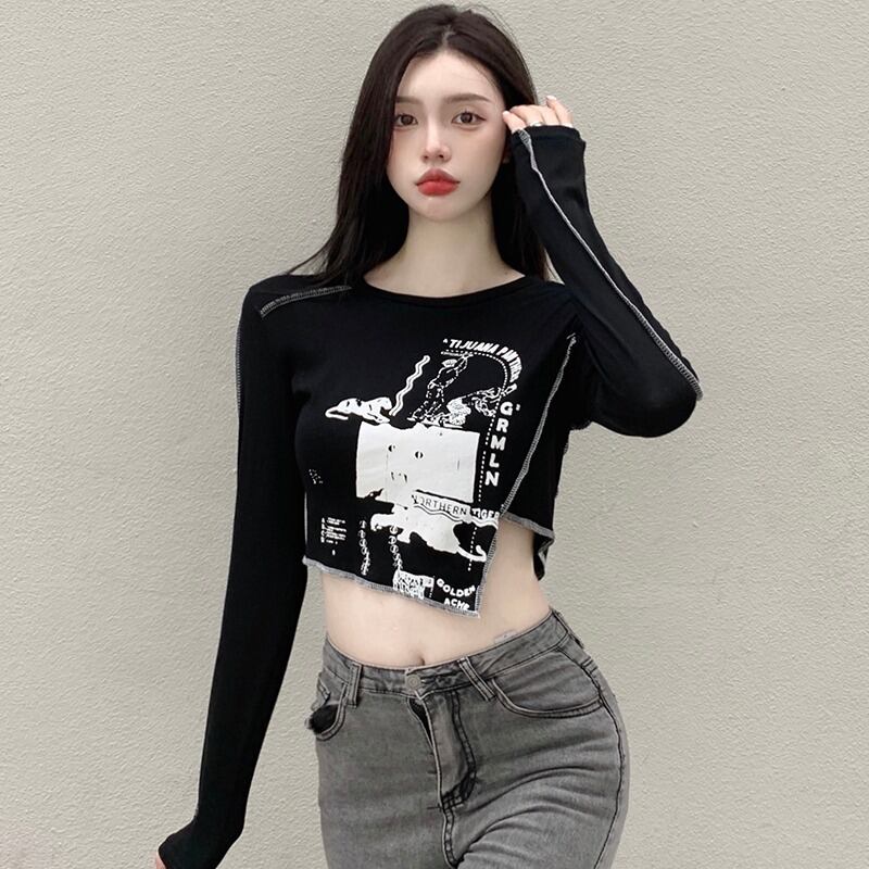 オータムプリントショートスリムTシャツ トップス ロング 秋物 ハンチェンe33501656872