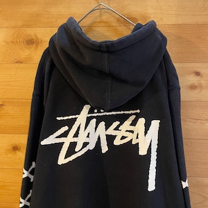 【STUSSY】90s USA製  スカル ドクロ パーカー プリント スウェット プルオーバー フーディー ショーンフォント ロゴ バックプリント 袖プリント  L ステューシー US古着