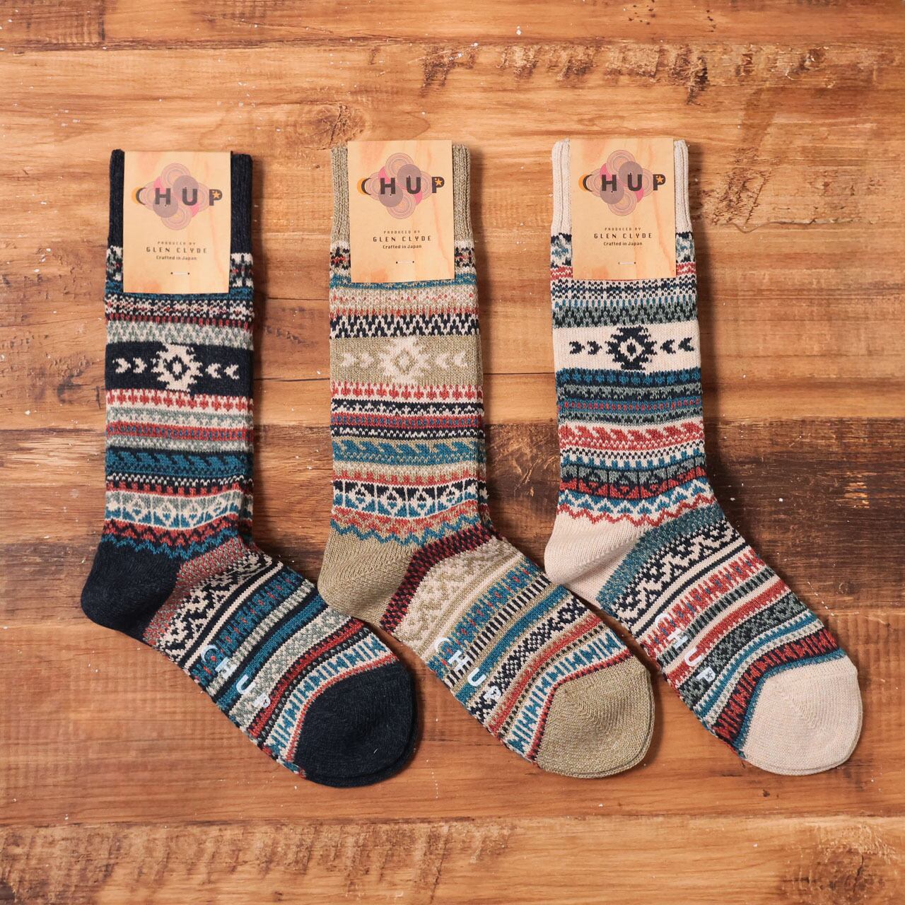 ハイソックス レディース メンズ 柄 おしゃれ 秋 冬 暖かい 靴下 ブランド 綿中厚 かわいい 可愛い 日本製 プレゼント S 23-25 M 25-27.5 GLEN CLYDE グレンクライド CHUP チュプ RIO COLORADO Ll128