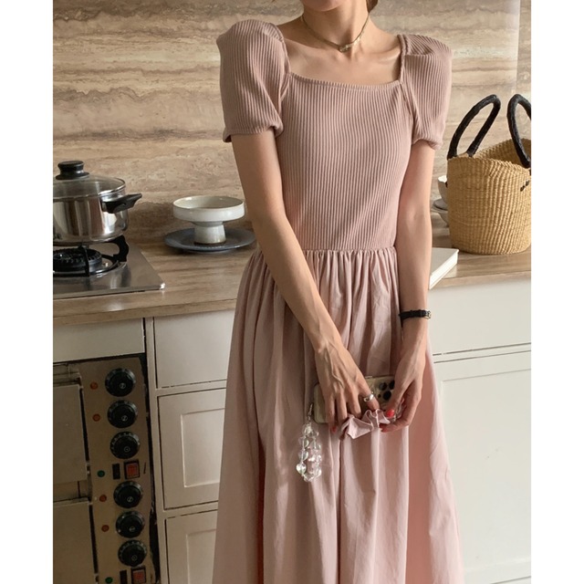 スクエアネック切り替えフレアワンピース　11890