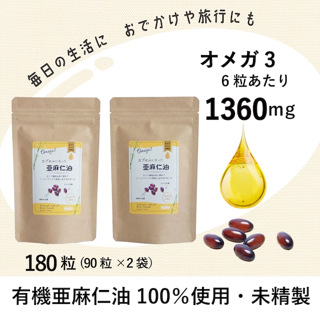 【90粒×2袋セット(180粒)】カプセルになった亜麻仁油| オメガ3サプリメント コールドプレス・有機・植物由来 | 税込・送料別