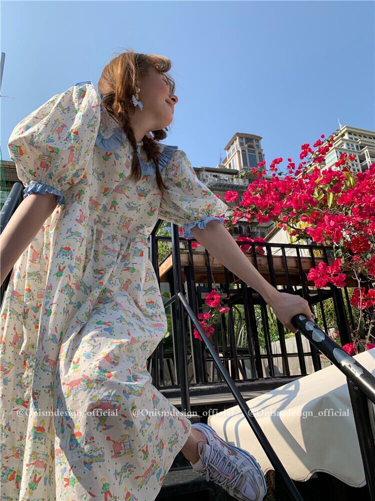 カラーフローラルドレス サマーロングルーズ薄手ウェスト 夏物 花柄 ステッチ ビッグFスモールZ韓国61976920592