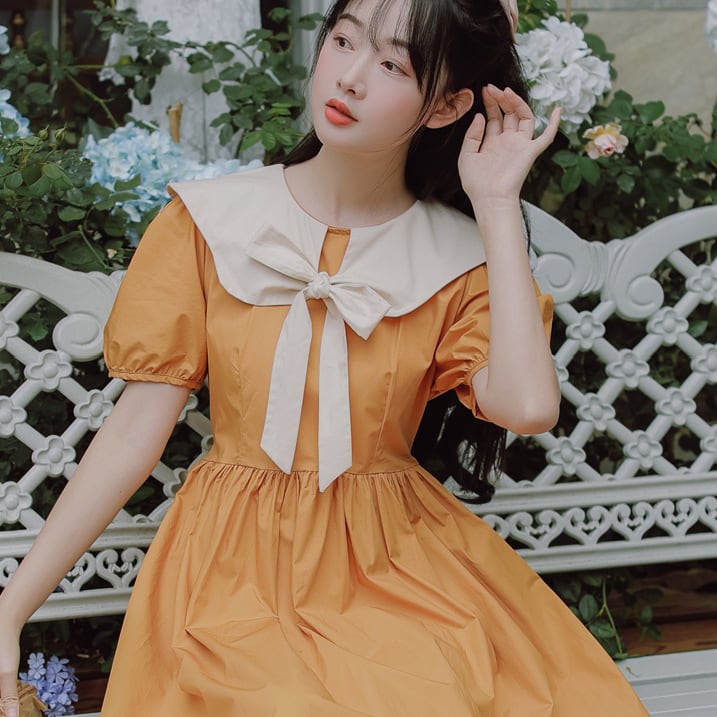 【新作】【送料無料】 夏の新しいスタイルの蝶結びシックなウエストの小さな新鮮な甘いパフスリーブドレスカレッジ気質ロングスカート 0271077400473