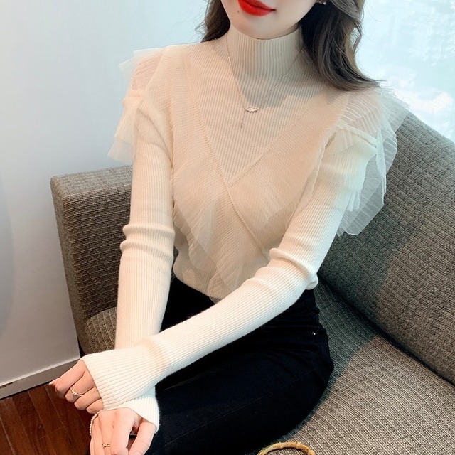 【S~XL,2color】ガーゼフリル　肩出し　ハイネック　トップス　a013