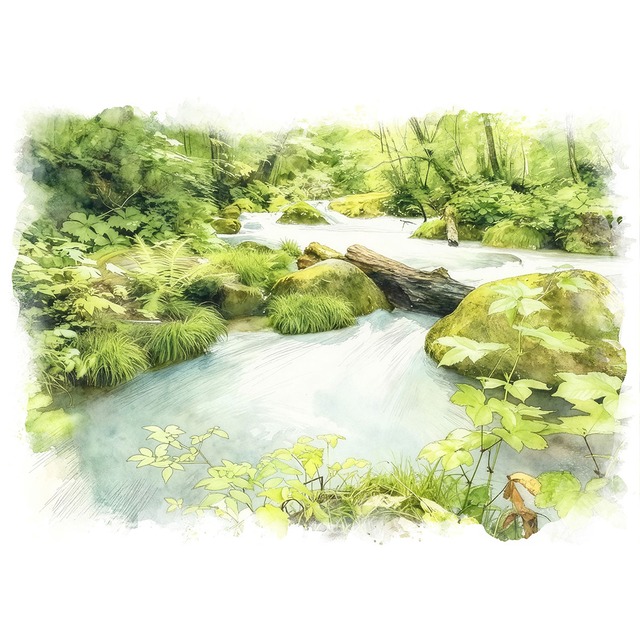 絵画(風景画) 日本 新緑の奥入瀬渓流 インテリアアート額付き 水彩画・油絵風 WAT0939