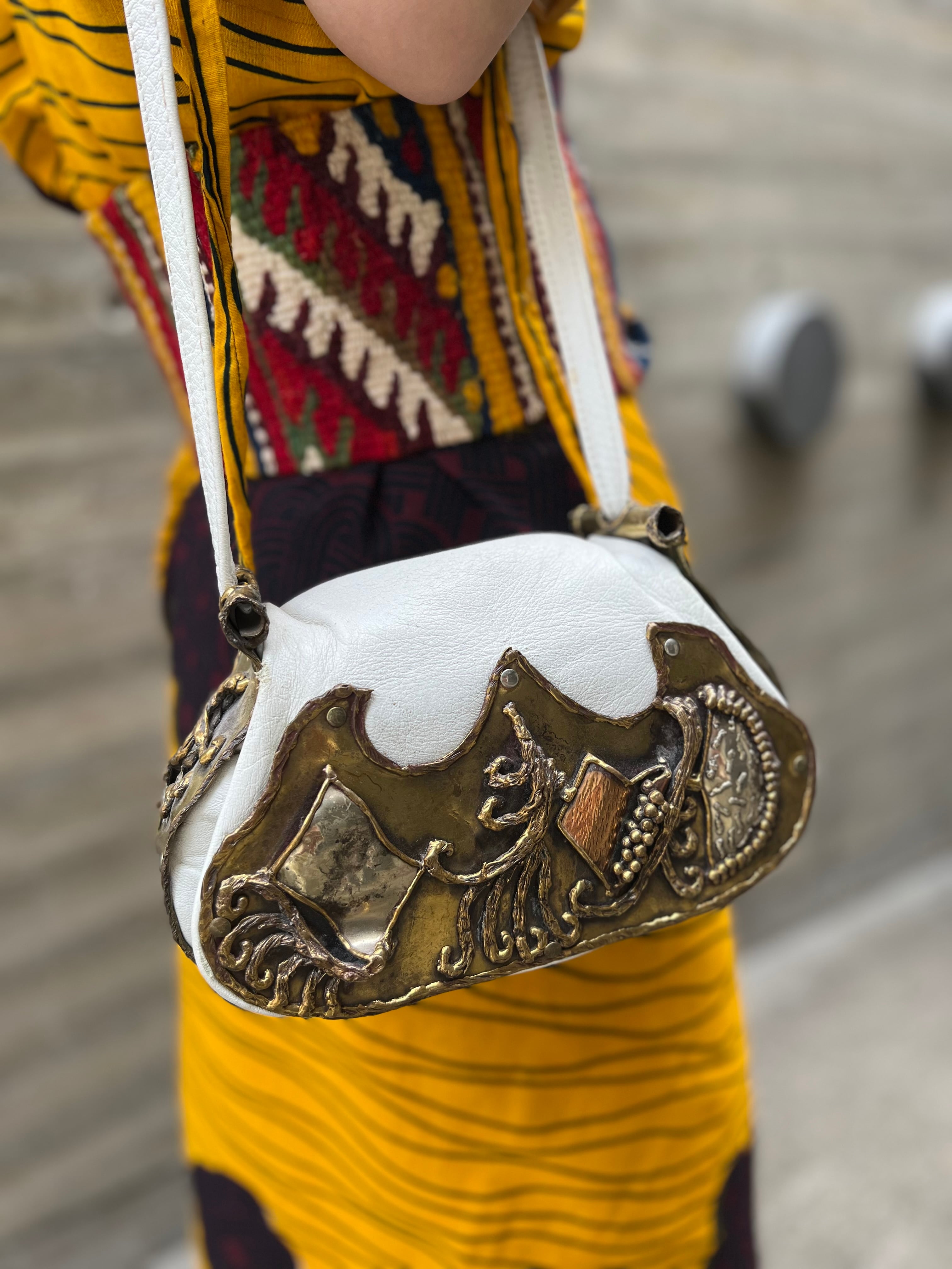 70s Mexican white leather × brass bag ( ヴィンテージ メキシカン