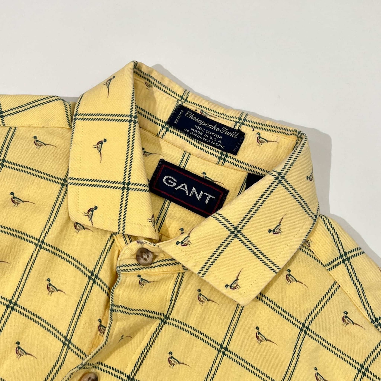 90s USA製 GANT ガント Chesapeake twill アニマルデザイン バード チェック 長袖 ネルシャツ S/イエロー系 メンズ ビンテージ VAN JAC