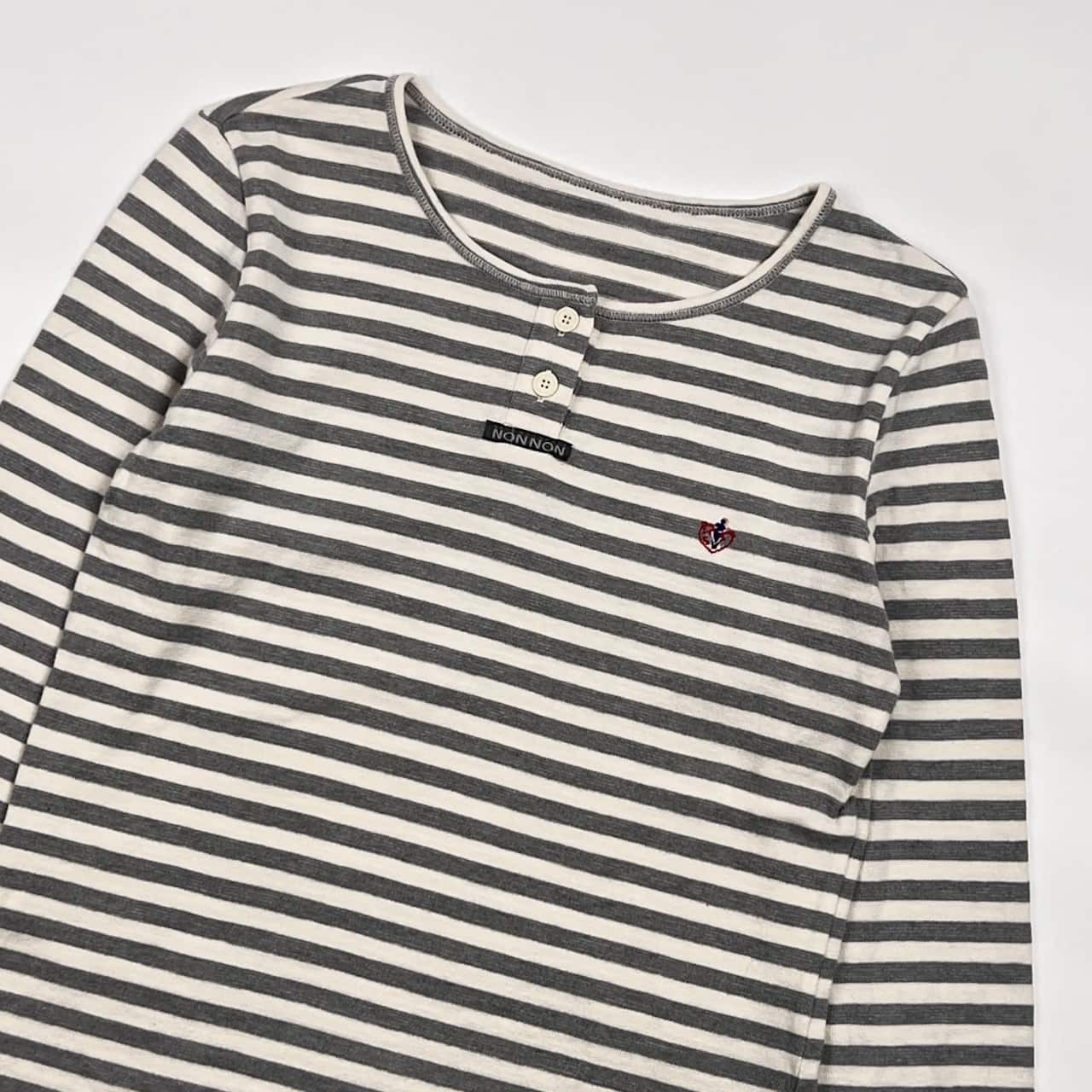 Mademoiselle NON NON マドモアゼルノンノン ボーダー ヘンリーネック 七分袖 Tシャツ カットソー  M/グレー×ホワイト レディース