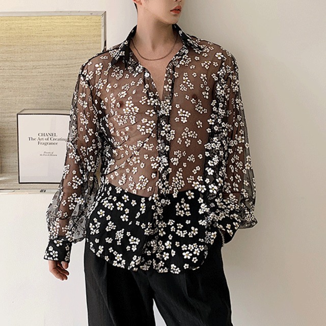 【Men】FLOWER PRINT SEE-THROUGH SHIRT 1color Z-214