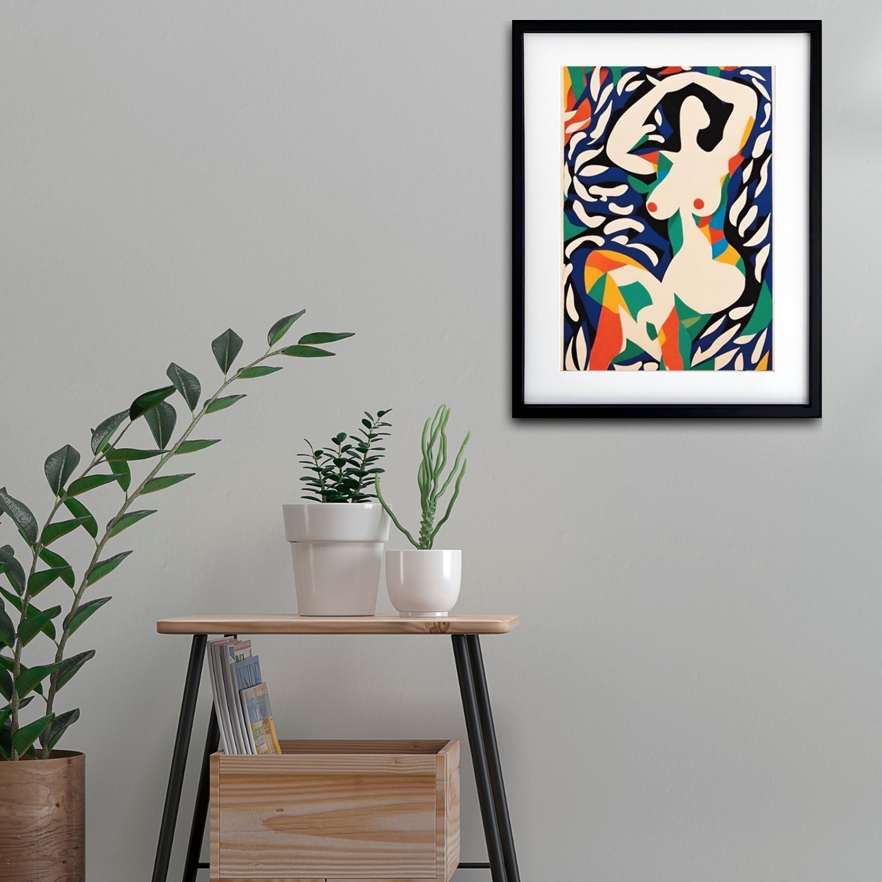 Purity｜切り絵風ドローイングで描く女性とボタニカルアートポスター｜カラフルでモダンな空間に映える洗練デザイン｜個性的な壁面を彩る上質インテリアアートA2ポスター
