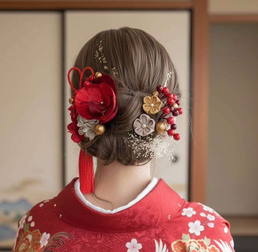 A503 ドライフラワー 髪飾り 赤 卒業式 袴 成人式 振袖 結婚式 和装