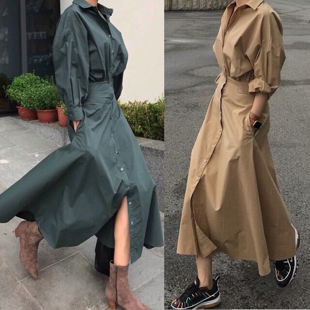 全2色 レディース ロングワンピース シャツワンピ ウエストマーク ボリュームスリーブ ミモレ丈 マキシ丈 膝下丈 グリーン/ベージュ S/M