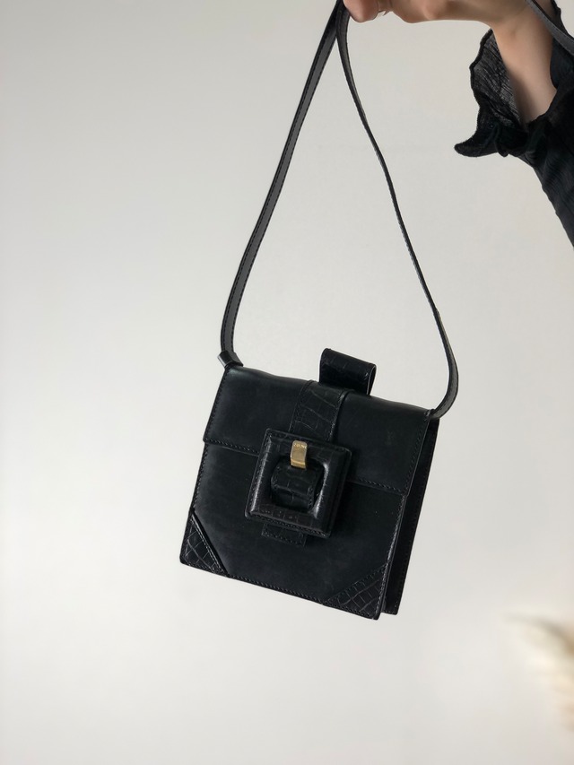 CELINE セリーヌ フロントベルト レザー クロコ型押し ミニバッグ スクエア ショルダーバッグ ブラック vintage ヴィンテージ オールド m4ezj3