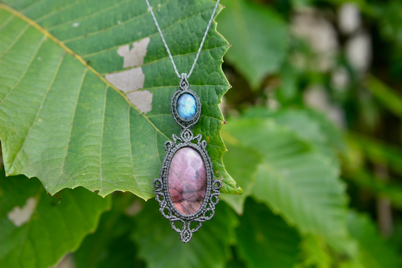 Purple Labradorite & Labradorite micro macrame pendant