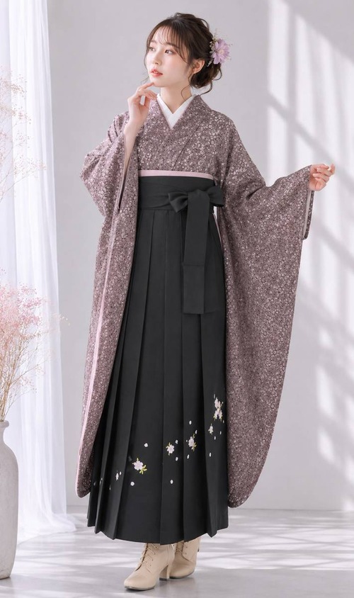 【簡単着付け】卒業袴セット　レースブラウン×ブラック袴
