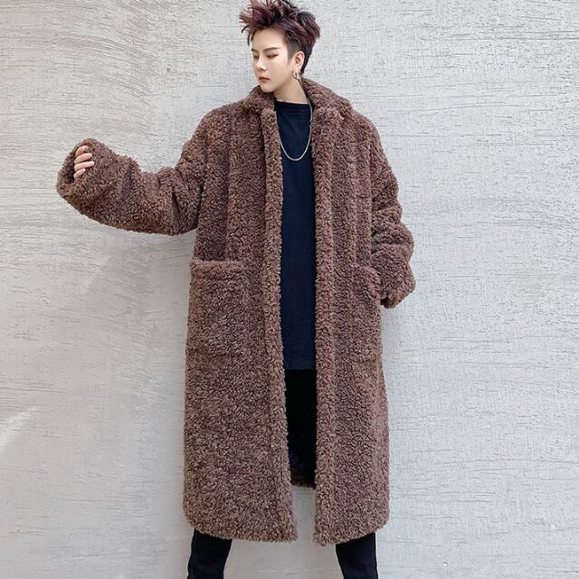【予約販売】ファーコート フード メンズ ボア ロング丈 もこもこ ビッグシルエット ブラウン コート 韓国 防寒 お洒落 こなれ感 ベーシック 秋冬 M/L/XL