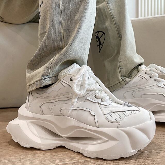 【予約販売】スニーカー 韓国 メンズ ゴツ底  厚底 靴 白 ホワイト ブラック 黒 デザイン お洒落 カジュアル ストリート 24cm/24.5cm/25cm/25.5cm/26cm/26.5cm/27cm