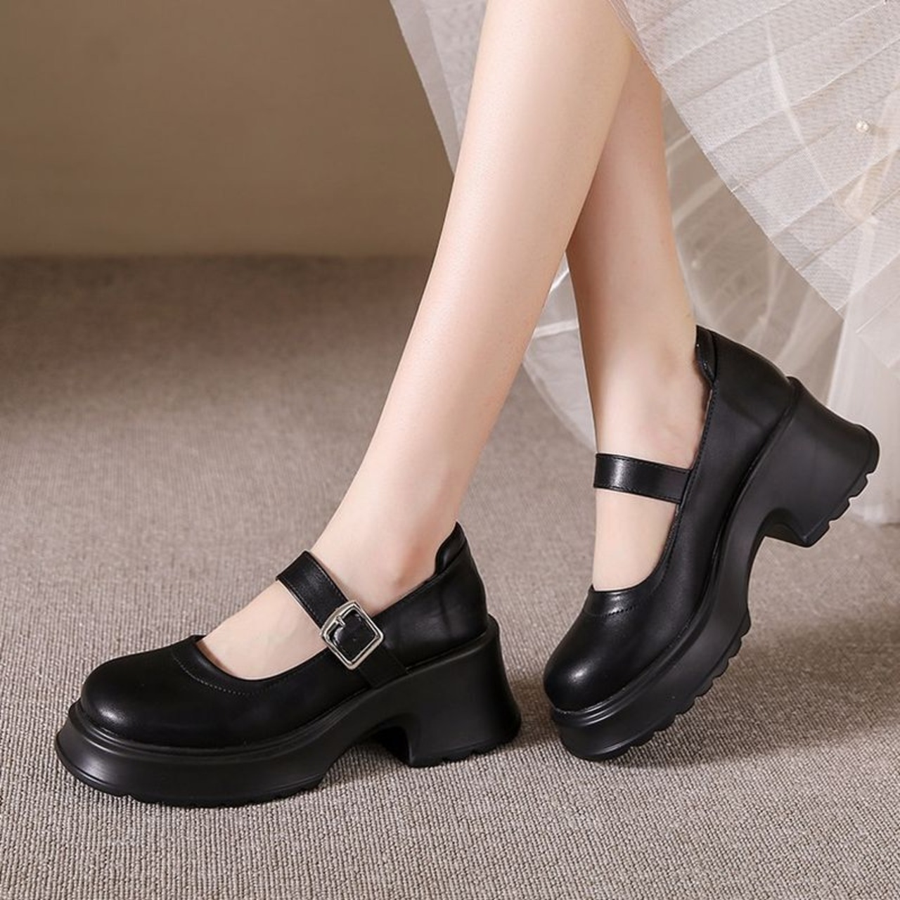 ストラップ  厚底 プレーントゥ シューズ  90015