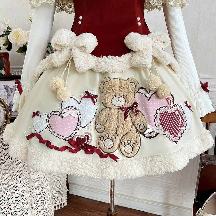 ファンタジーロリィタ うさ耳ケープ付きセットアップ くま刺繍Aライン