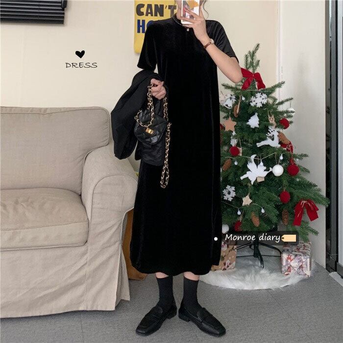 ベルベットドレス スカート オータムウィンタースタンダードブラックロング レトロ 秋物 冬物 モンロー38115284233