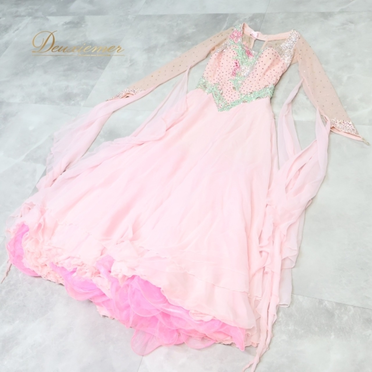 社交ダンス 衣装 白樺ドレス スタンダードドレス ワンピース ドレス スタンダード フロート レース デモ 競技 ダンス パーティ 発表会 明るい 綺麗 グリーン系 女性用 発表会用ドレス おしゃれ フェミニン 競技用衣装 レディース