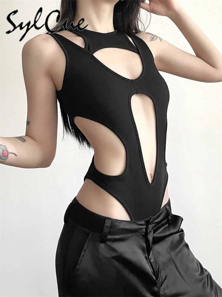 シルク系ブラックミステリアスセクシーホットナイトクラブホローオールマッチクールトレンディ個性成熟美しいオープンレディースタイトジャンプスーツ