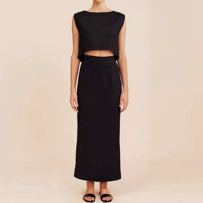 Sleeveless Boat Neck Top & Box Pleated Midi Skirt Set W00360