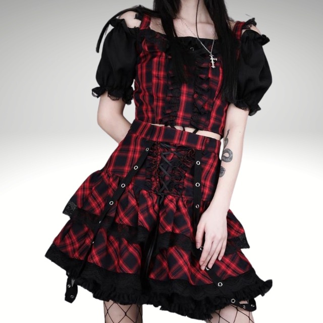 SEASONZ セットアップ オフショルブラウス JSK ジャンパースカート チェック柄 レースアップ 地雷服 ストリート系 バンギャ ゴスロリ好き ゆめかわ