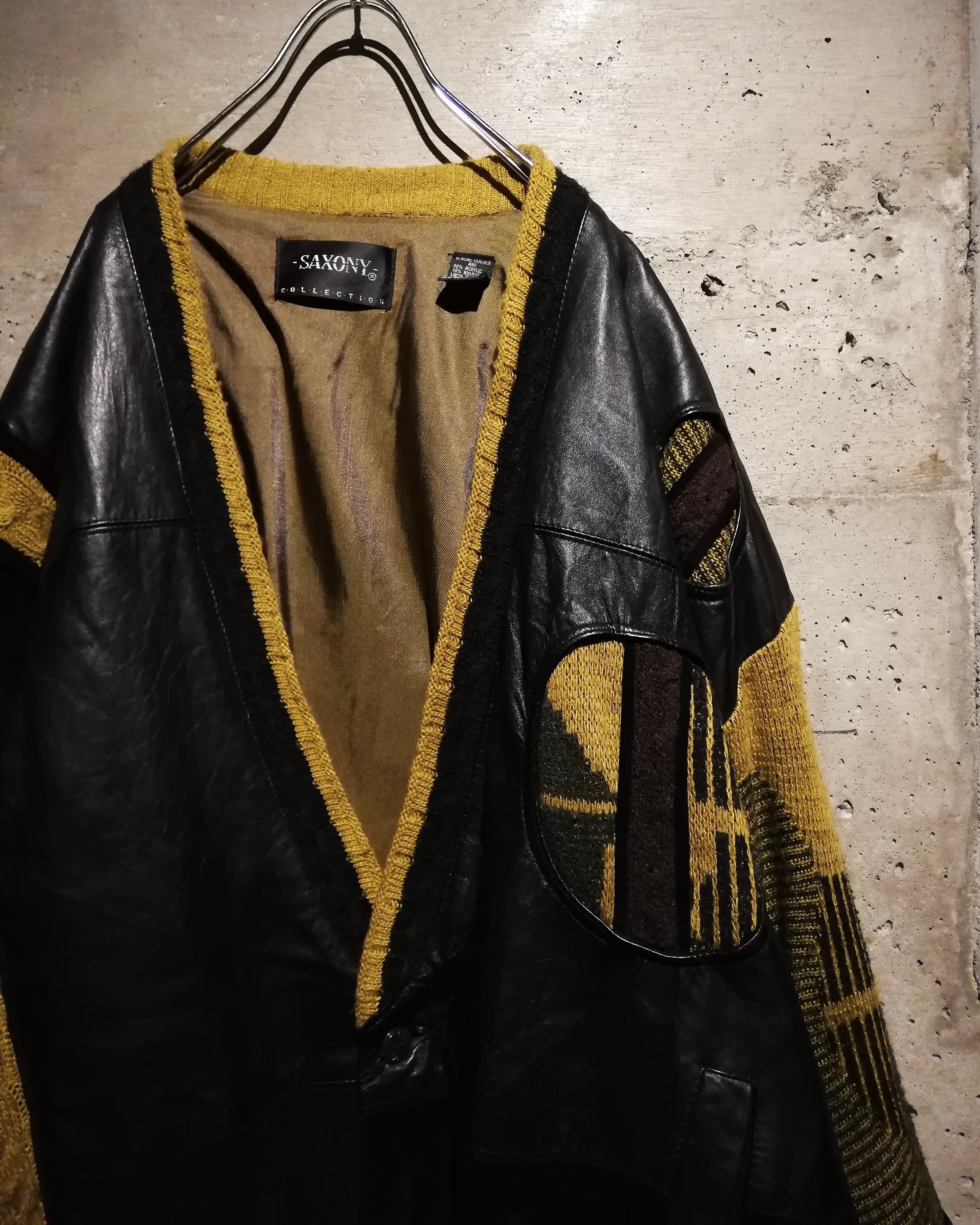 Caka】“SAXONY” Leather × Knit Switching Vintage Cardigan Jacket
