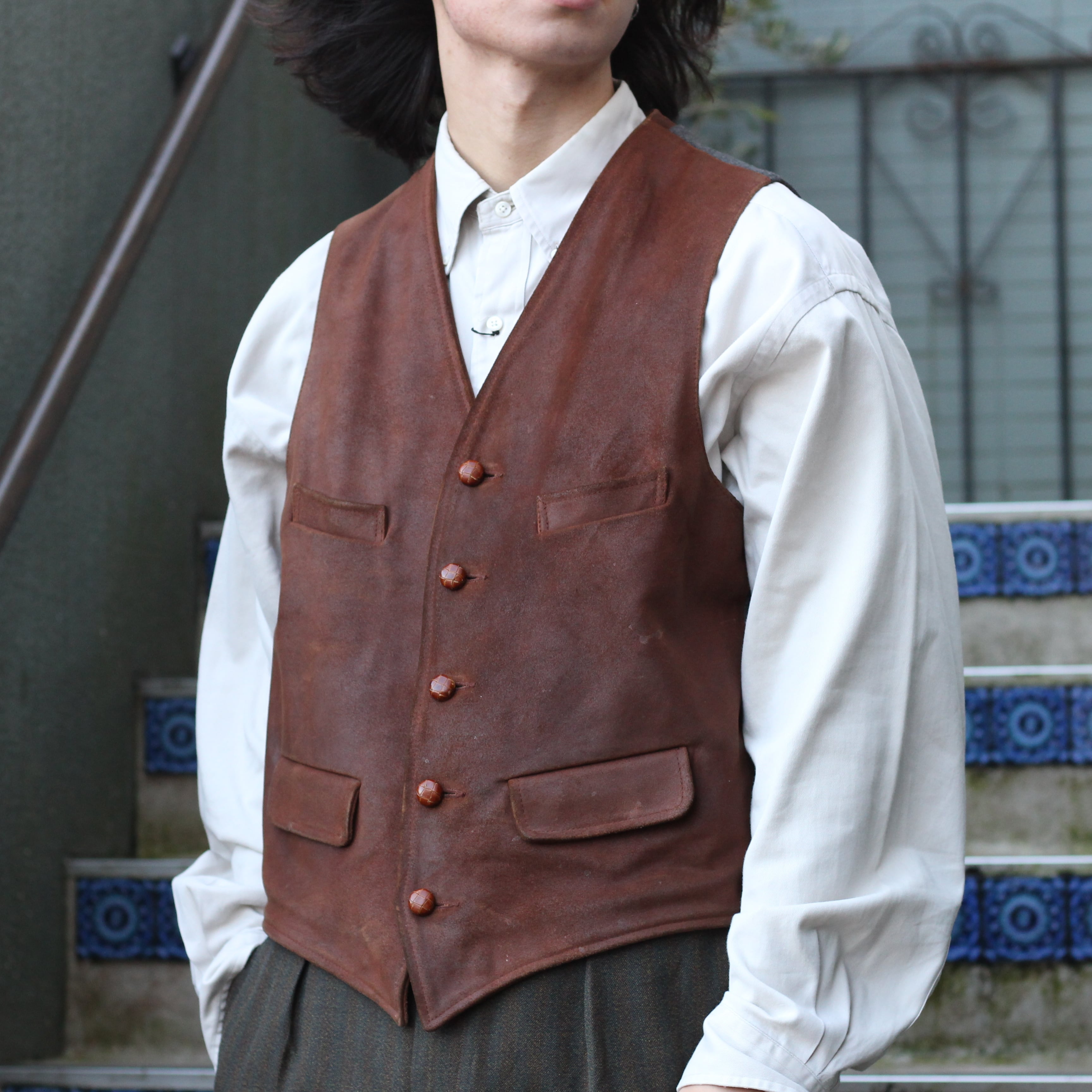 EU VINTAGE ISLAND JACKETS LEATHER GILLET VEST/ヨーロッパ古着レザー