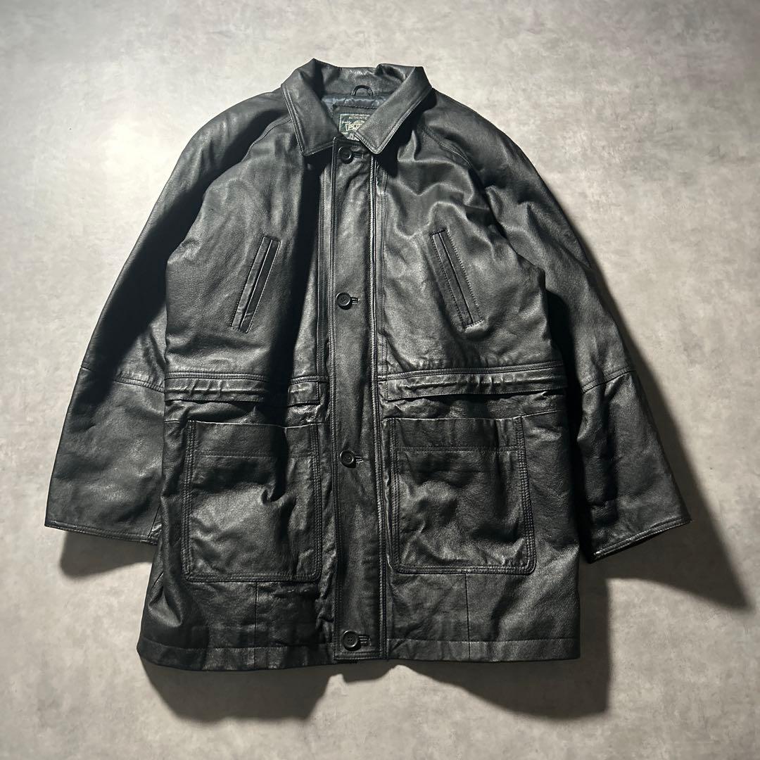 ヴィンテージ 豚革 本革 レザー マルチポケット ジップアップ コートジャケット