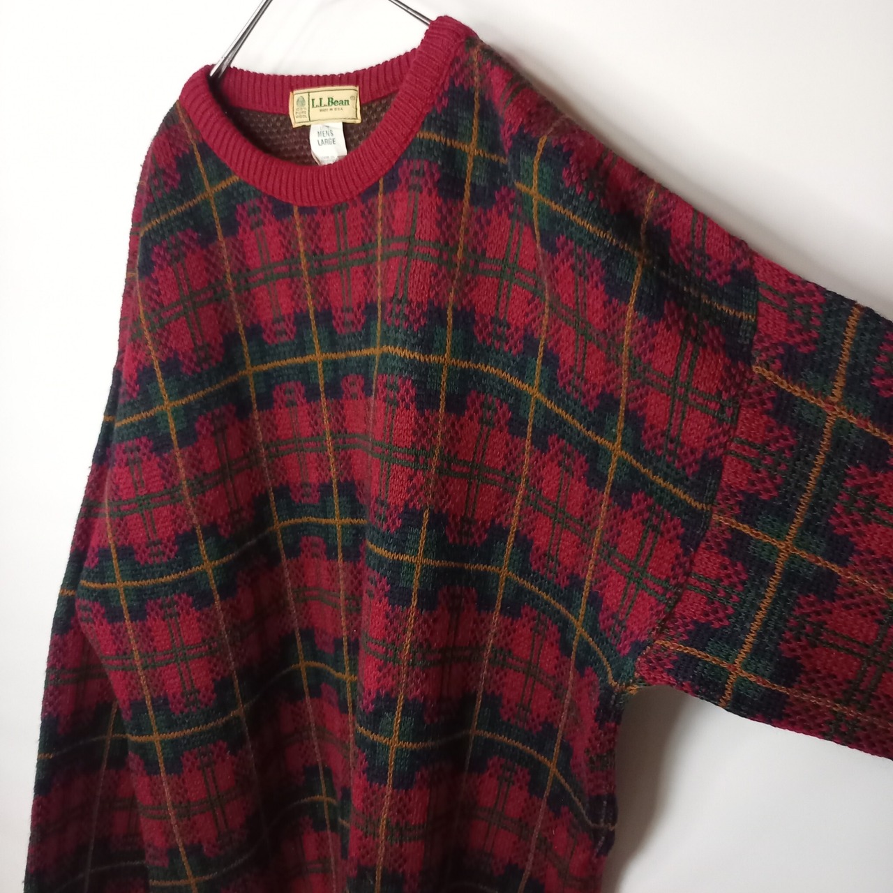 90s　アメリカ製　エルエルビーン　ウールニット　セーター　チェック　レッド　L