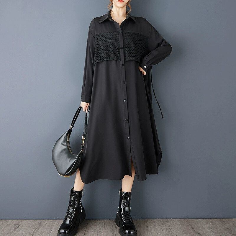 BLACK MESH STITCH A-LINE MIDI SHIRT DRESS 1color M-14964