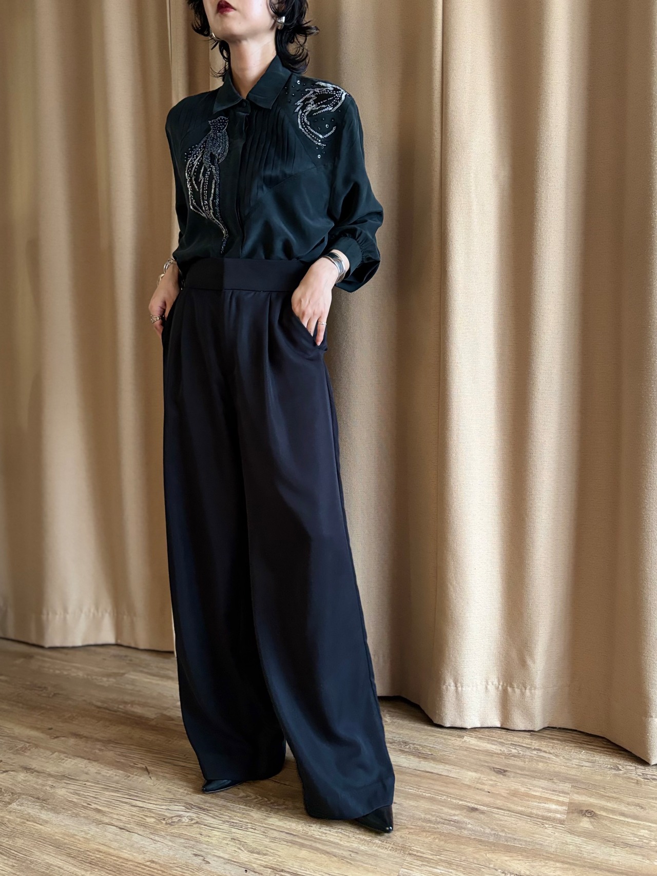 mode beaded embroidery black shirt-5313-7