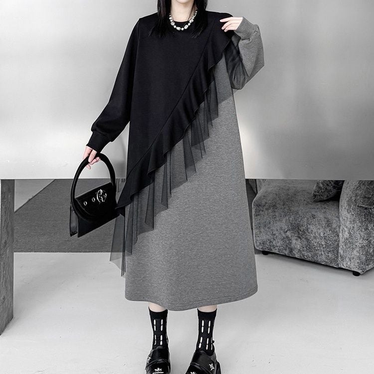 FRILL LINED CONTRAST STITCH MIDI SWEAT DRESS 1color M-16082