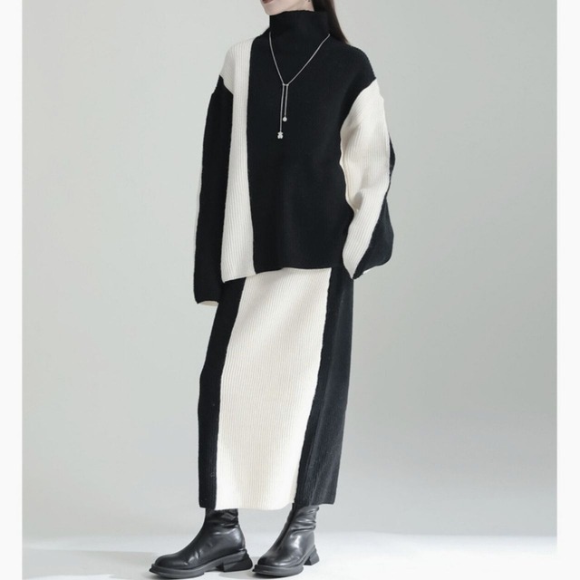 Bicolor oversized high neck knit setup C0861