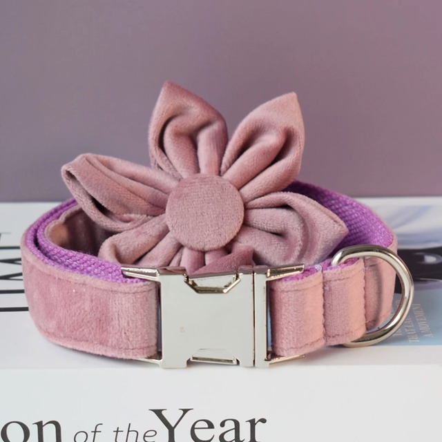 【お花シリーズ】モーヴピンク×ベロア迷子札刻印サービス・犬用首輪＆フラワー