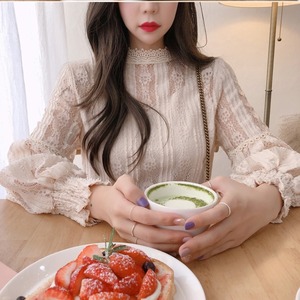 トップス レディース 送料無料 2色 ブラウス シャツ メッシュ フリル 長袖 総レース  襟なし シフォン 花柄 レース スタンドカラー プチハイネック 透け感 シアー シースルー ポリエステル ホワイト 白 ピンク アプリコット 単色 透け感 こなれ感 抜け感 ガーリー かわいい 可愛い 涼しい 上品 エレガント きれいめ ラブリー 女の子 お洒落 おしゃれ 春 春服 夏 夏服 10代 20代 デート おでかけ モテ 女子会 普段使い 着回し 重ね着 定番 2021 韓国 韓国系 オルチャン