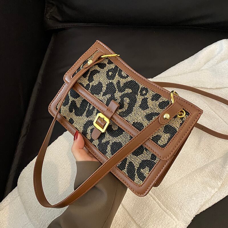 オータムレオパードプリント柄 秋物 スクウェア メッセンジャーバッグ 手作りハンドバック76243422375