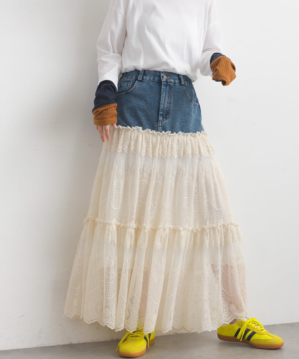 D261137 デニム×レースティアードスカート / Denim × Lace Tiered