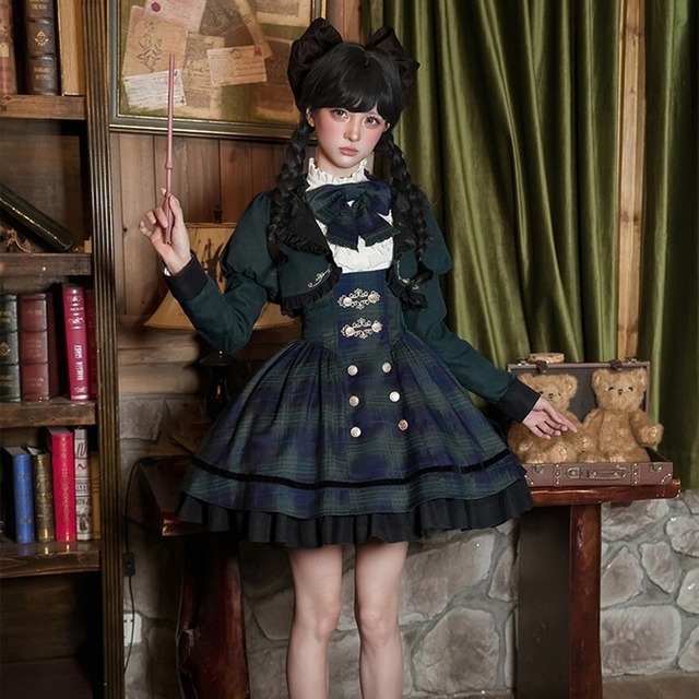 森ガール ロリィタ 4点セット ショートスカート チェック柄 秋冬 PUJI