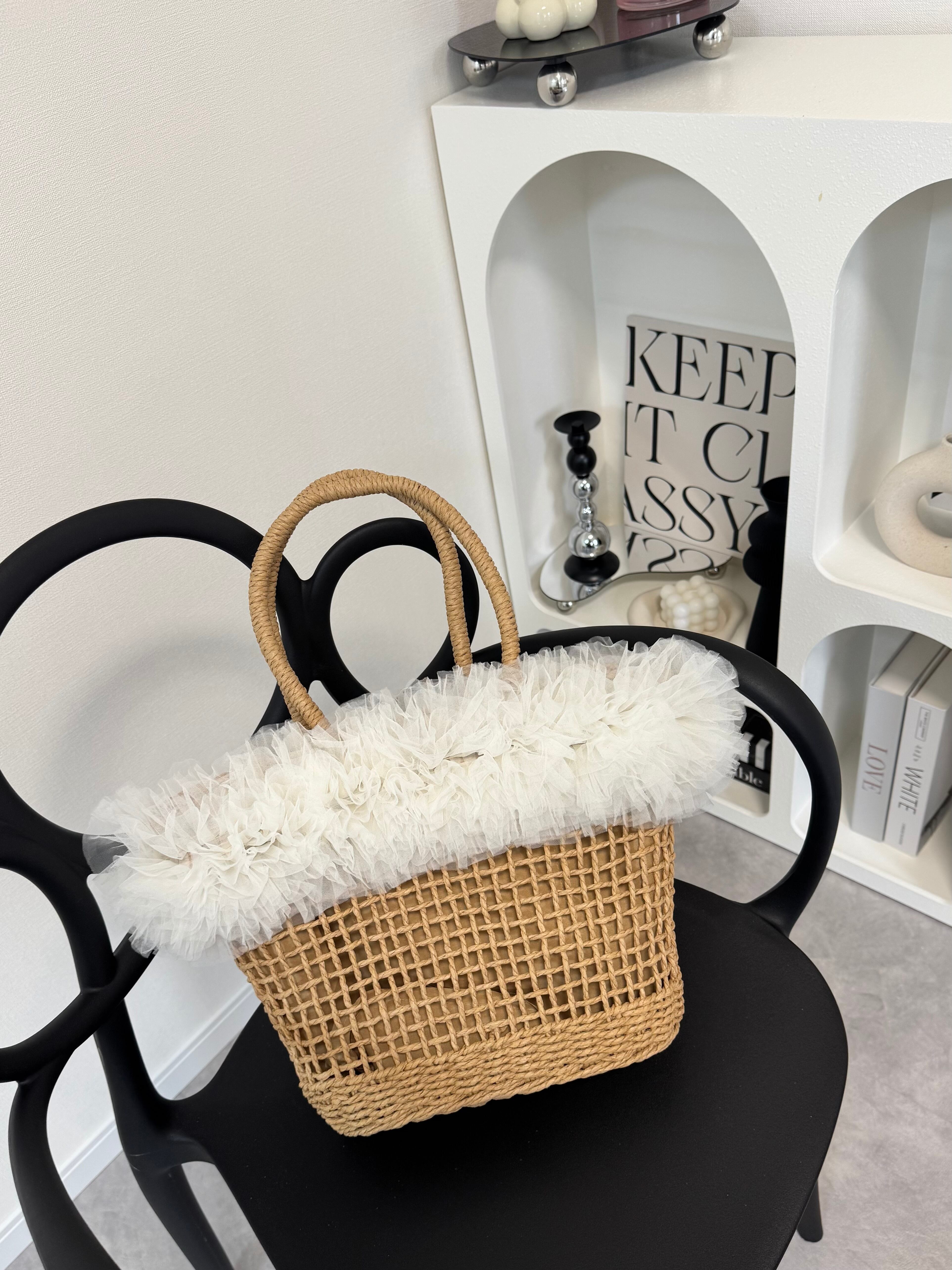 期間限定値下げ中ROSEAURA チュールヌビバッグ hinaコラボ　ベージュ ayano様専用全2色チュールかごバッグ | ROSE AURA