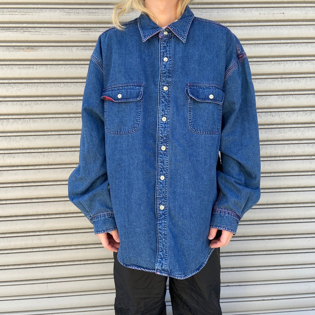 90s EddieBauer DENIM 裏地付きデニムシャツ チェック柄 XL
