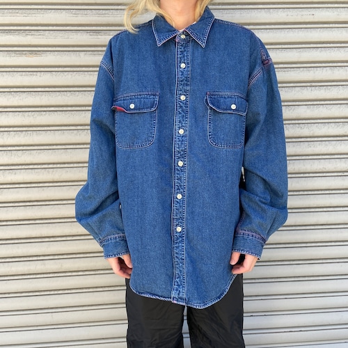 90s EddieBauer DENIM 裏地付きデニムシャツ チェック柄 XL