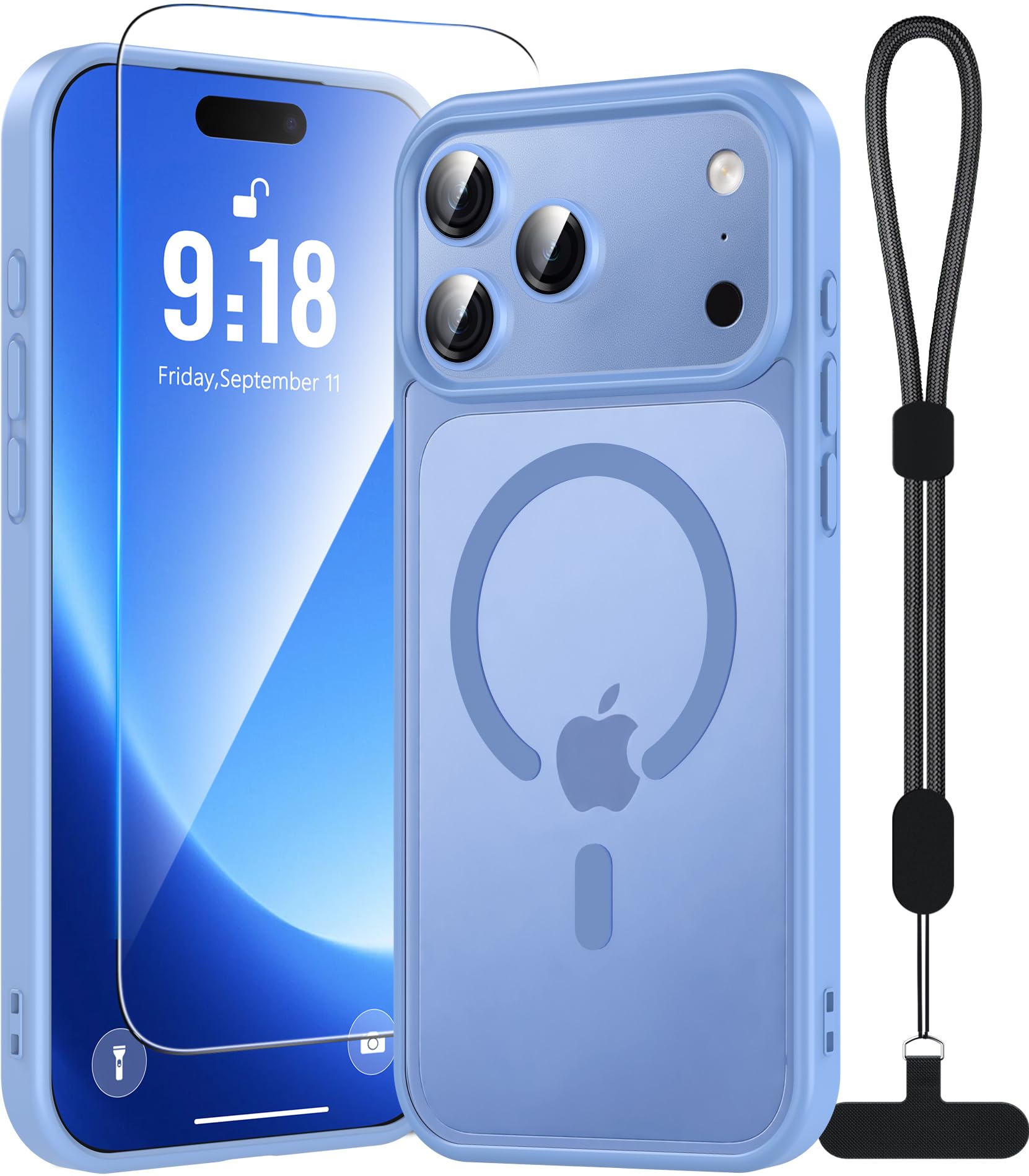 OWKEY iPhone 18 Pro Max ケース ガラスフィルム ストラップ MagSafe対応 17ProMaxケース 両機種対応 ブルー