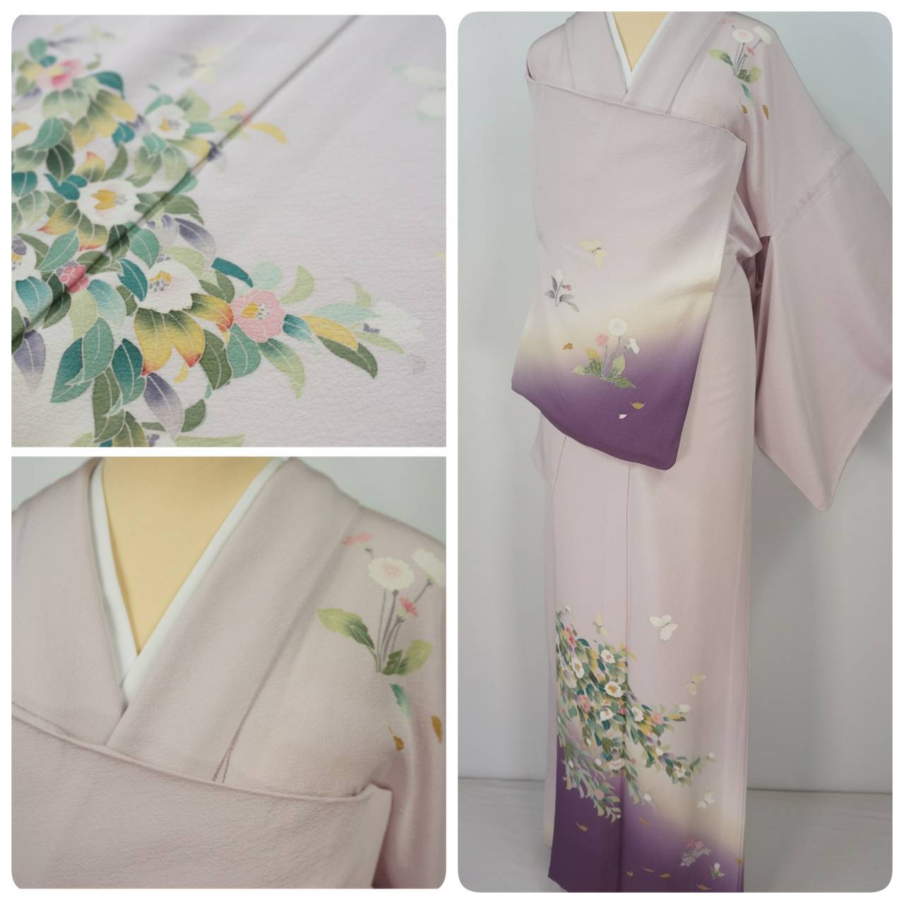 美品【単衣】手描き友禅 訪問着 椿 花柄 正絹 紫 738 | kimono Re:和 [online store] キモノリワ 着物 帯