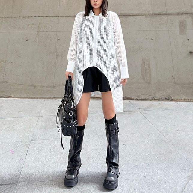 SOLID MESH IRREGULAR HEM LONGLINE SHIRT 2colors M-15646