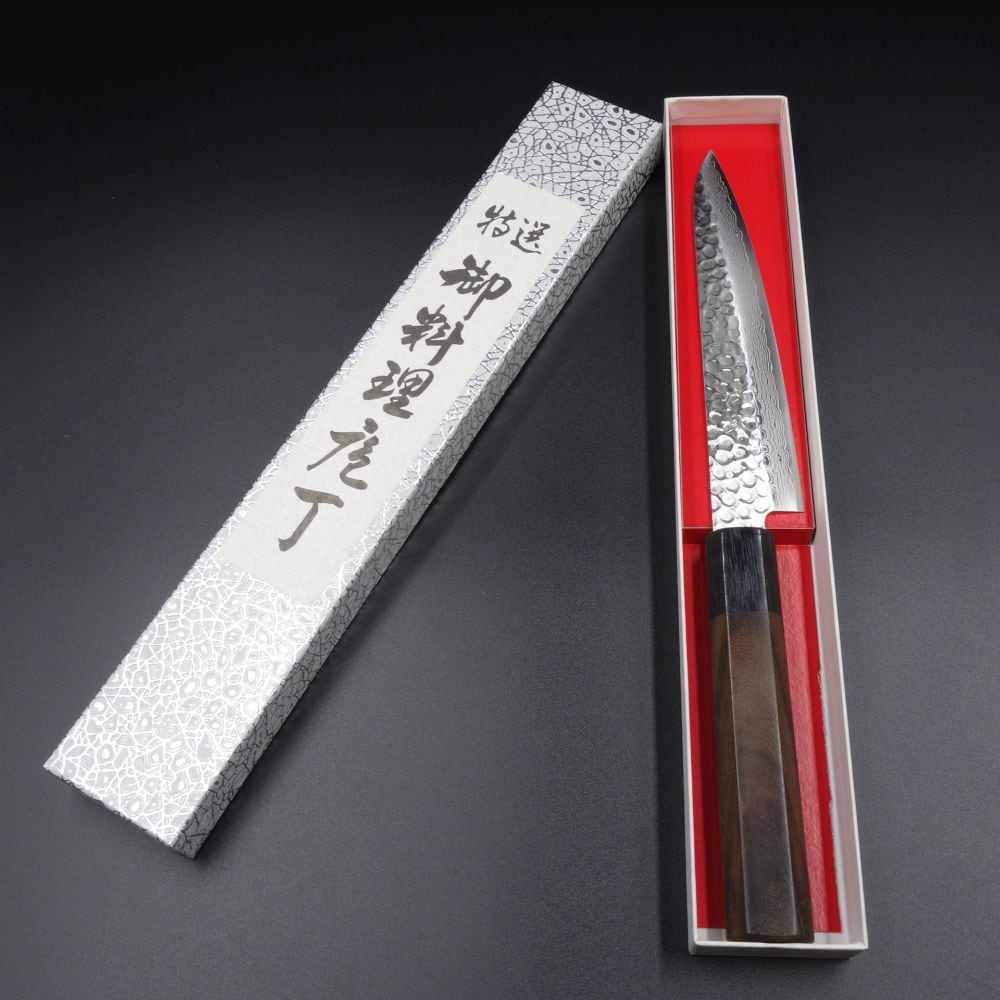 包丁 ペティナイフ 150mm 仙助 V金10号 ダマスカス 八角紫檀柄 鎚目打